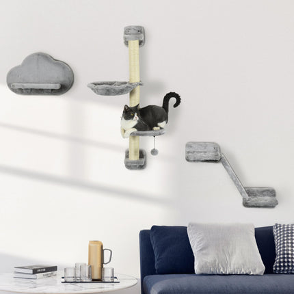 3-Piece Wall Mounted Cat Shelves with Hammock, Ladder, Scratching Post & Play Ball for Large Cats - Grey