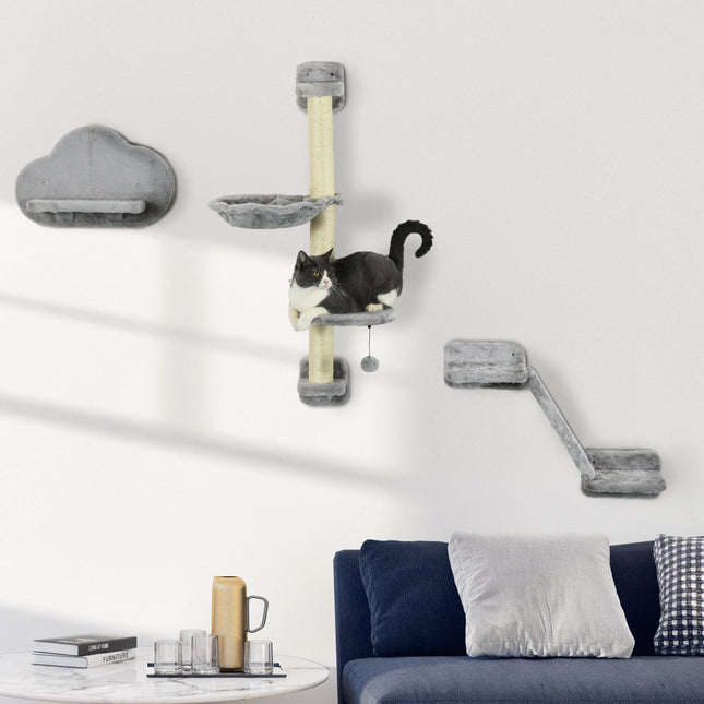3-Piece Wall Mounted Cat Shelves with Hammock, Ladder, Scratching Post & Play Ball for Large Cats - Grey