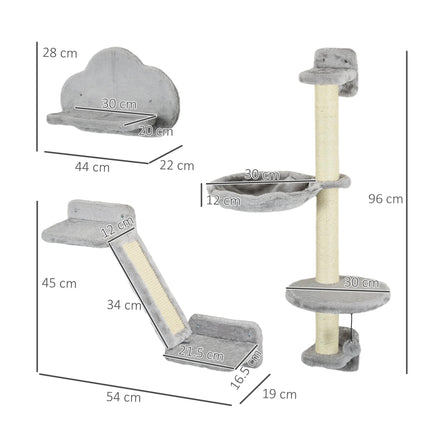 3-Piece Wall Mounted Cat Shelves with Hammock, Ladder, Scratching Post & Play Ball for Large Cats - Grey