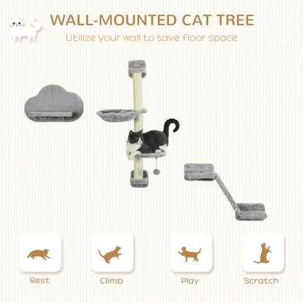 3-Piece Wall Mounted Cat Shelves with Hammock, Ladder, Scratching Post & Play Ball for Large Cats - Grey