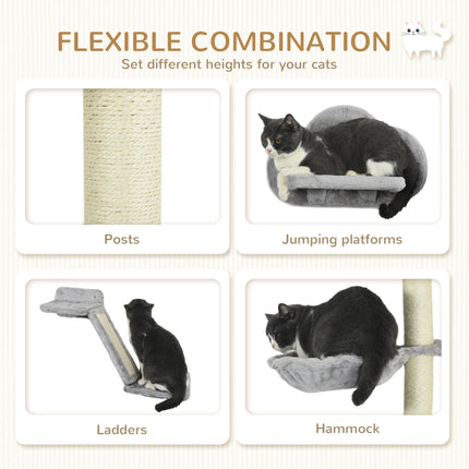 3-Piece Wall Mounted Cat Shelves with Hammock, Ladder, Scratching Post & Play Ball for Large Cats - Grey