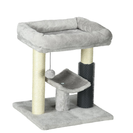 48cm Cat Tree with Self Groomer, Scratching Post & Hanging Ball - Grey