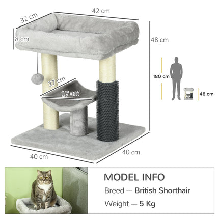 48cm Cat Tree with Self Groomer, Scratching Post & Hanging Ball - Grey