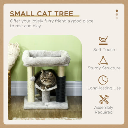 48cm Cat Tree with Self Groomer, Scratching Post & Hanging Ball - Grey