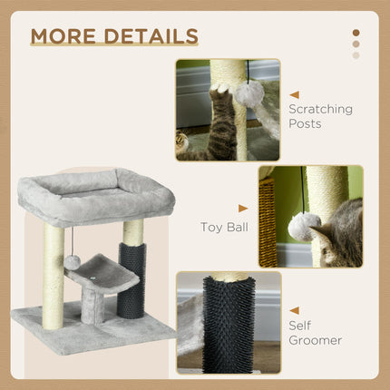 48cm Cat Tree with Self Groomer, Scratching Post & Hanging Ball - Grey