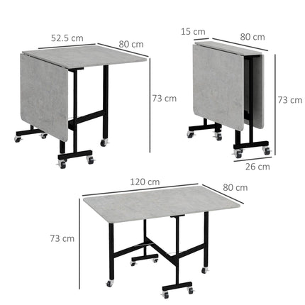 120cm Drop Leaf Folding Dining Table with Metal Frame and Wheels - Grey