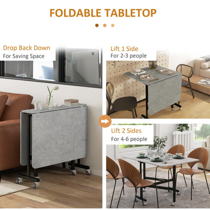 120cm Drop Leaf Folding Dining Table with Metal Frame and Wheels - Grey