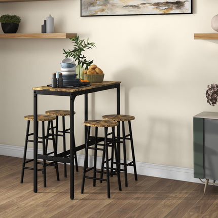 5 Piece Industrial Bar Table and 4 Stool Set - Rustic Brown