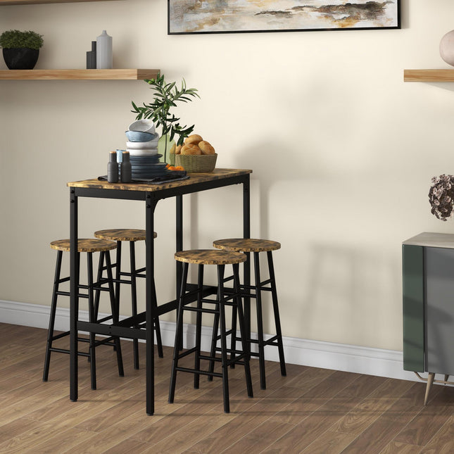 5 Piece Industrial Bar Table and 4 Stool Set - Rustic Brown