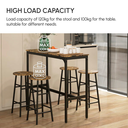 5 Piece Industrial Bar Table and 4 Stool Set - Rustic Brown
