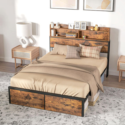 Industrial Double Bed Frame with Storage Headboard - Rustic Brown