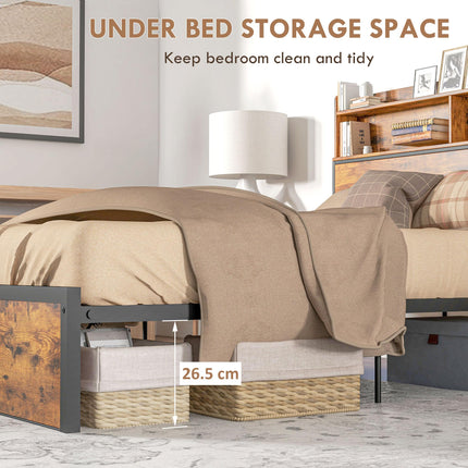 Industrial Double Bed Frame with Storage Headboard - Rustic Brown