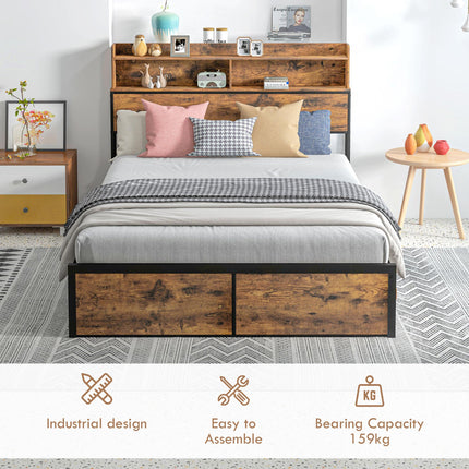 Industrial Double Bed Frame with Storage Headboard - Rustic Brown
