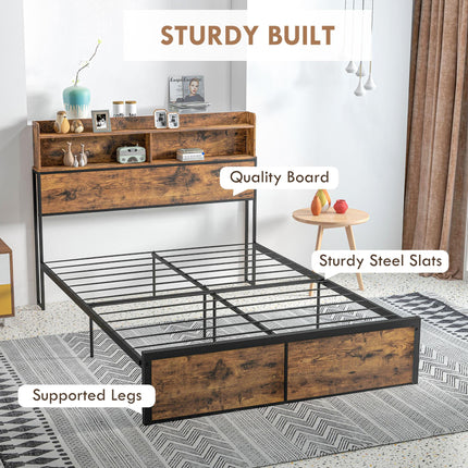 Industrial Double Bed Frame with Storage Headboard - Rustic Brown