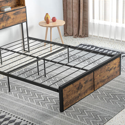 Industrial Double Bed Frame with Storage Headboard - Rustic Brown