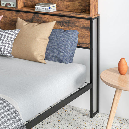 Industrial Double Bed Frame with Storage Headboard - Rustic Brown