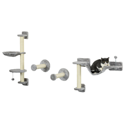 Four-Piece Wall-Mounted Cat Furniture Set with Hammock, Ladder & Scratching Post - Grey