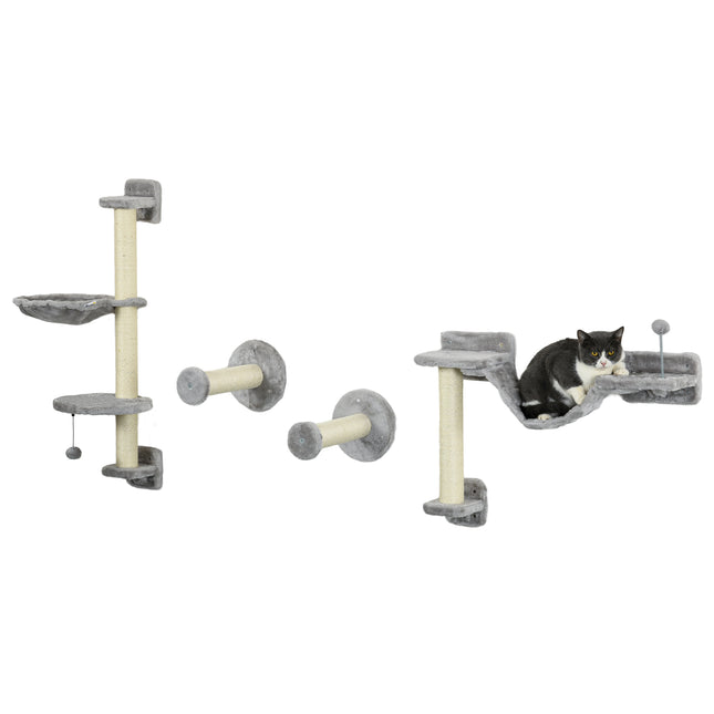 Four-Piece Wall-Mounted Cat Furniture Set with Hammock, Ladder & Scratching Post - Grey