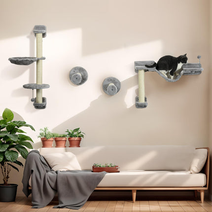Four-Piece Wall-Mounted Cat Furniture Set with Hammock, Ladder & Scratching Post - Grey