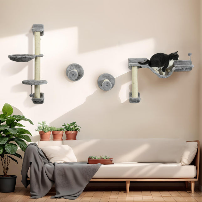 Four-Piece Wall-Mounted Cat Furniture Set with Hammock, Ladder & Scratching Post - Grey