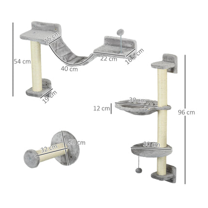 Four-Piece Wall-Mounted Cat Furniture Set with Hammock, Ladder & Scratching Post - Grey