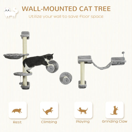 Four-Piece Wall-Mounted Cat Furniture Set with Hammock, Ladder & Scratching Post - Grey