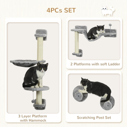 Four-Piece Wall-Mounted Cat Furniture Set with Hammock, Ladder & Scratching Post - Grey