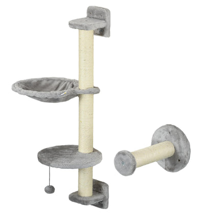 Four-Piece Wall-Mounted Cat Furniture Set with Hammock, Ladder & Scratching Post - Grey