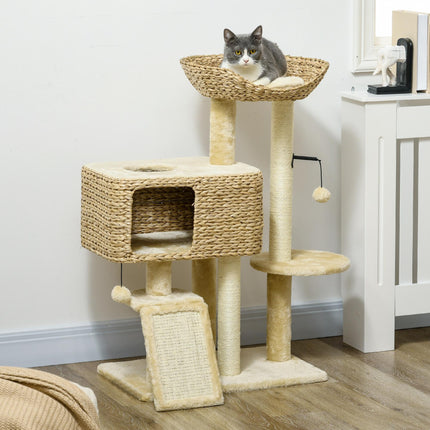 95cm Cat Tree Tower for Indoor Cats, with Scratching Post, Cat House, Toy Ball, Platform - Beige
