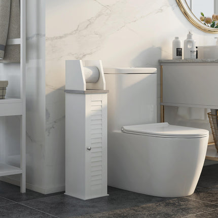 Slim Bathroom Floor Cabinet with Adjustable Shelf and Toilet Roll Holder - White