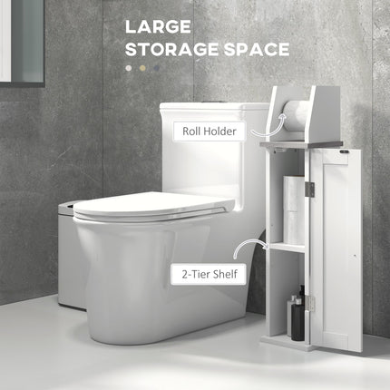 Slim Bathroom Floor Cabinet with Adjustable Shelf and Toilet Roll Holder - White