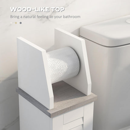 Slim Bathroom Floor Cabinet with Adjustable Shelf and Toilet Roll Holder - White