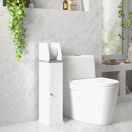 Slim Bathroom Floor Cabinet with Adjustable Shelf and Toilet Roll Holder - White