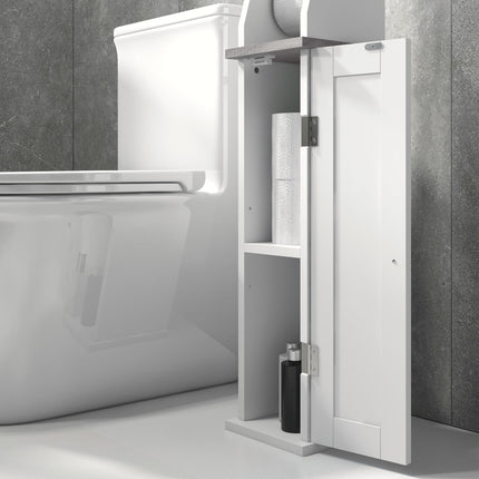 Slim Bathroom Floor Cabinet with Adjustable Shelf and Toilet Roll Holder - White