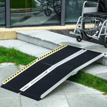 Folding Aluminium Wheelchair Ramp 152 x 73cm 272kg Capacity with Non-Skid Surface & Transition Plates - Black