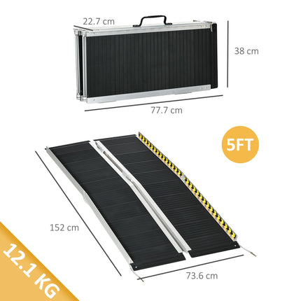 Folding Aluminium Wheelchair Ramp 152 x 73cm 272kg Capacity with Non-Skid Surface & Transition Plates - Black