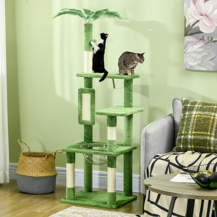 142cm Cat Tree Tower with Scratching Post, Hammock & Toy Ball - Green