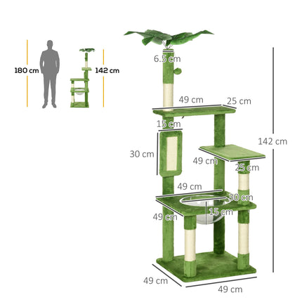 142cm Cat Tree Tower with Scratching Post, Hammock & Toy Ball - Green