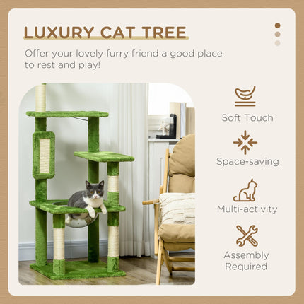142cm Cat Tree Tower with Scratching Post, Hammock & Toy Ball - Green