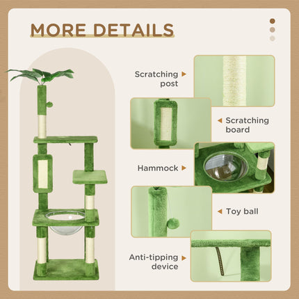 142cm Cat Tree Tower with Scratching Post, Hammock & Toy Ball - Green