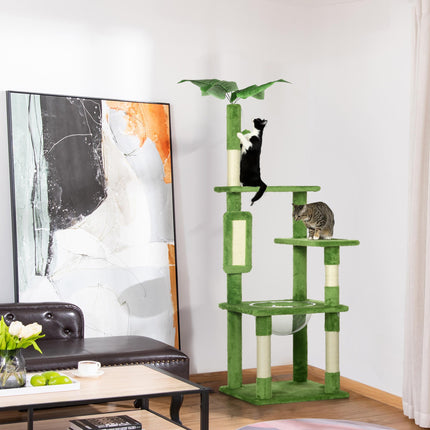 142cm Cat Tree Tower with Scratching Post, Hammock & Toy Ball - Green