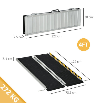 Folding Aluminium Wheelchair Threshold Ramp 122 x 73cm 272kg Capacity with Non-Skid Surface & Transition Plates - Black