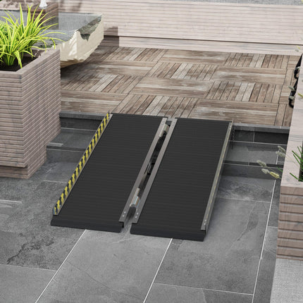 Folding Aluminium Wheelchair Threshold Ramp 122 x 73cm 272kg Capacity with Non-Skid Surface & Transition Plates - Black