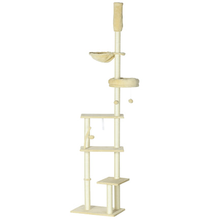 6-Tier Floor to Ceiling Cat Tree Climbing Tower with Scratching Posts and Platforms - Beige