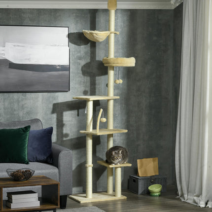 6-Tier Floor to Ceiling Cat Tree Climbing Tower with Scratching Posts and Platforms - Beige