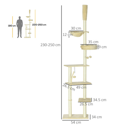 6-Tier Floor to Ceiling Cat Tree Climbing Tower with Scratching Posts and Platforms - Beige