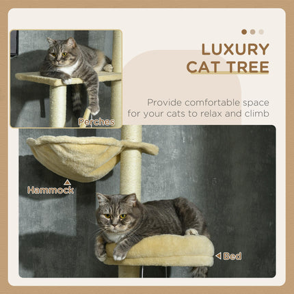 6-Tier Floor to Ceiling Cat Tree Climbing Tower with Scratching Posts and Platforms - Beige