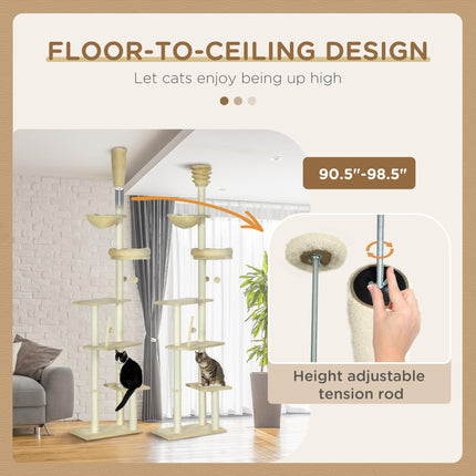 6-Tier Floor to Ceiling Cat Tree Climbing Tower with Scratching Posts and Platforms - Beige