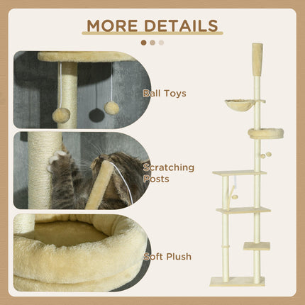 6-Tier Floor to Ceiling Cat Tree Climbing Tower with Scratching Posts and Platforms - Beige