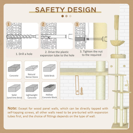 6-Tier Floor to Ceiling Cat Tree Climbing Tower with Scratching Posts and Platforms - Beige